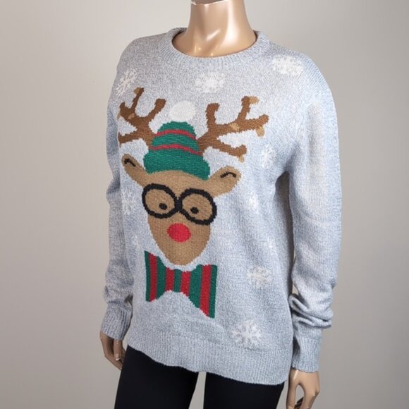 Ugly Christmas Sweater Nerdy Reindeer Happy Holidays Knit Womens Size Large Grey - Picture 4 of 9